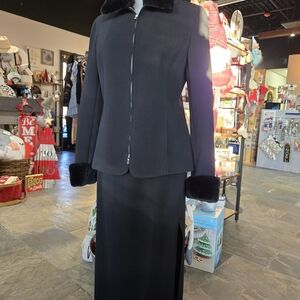 Elegant Black Skirt Suit with Faux Fur Trim